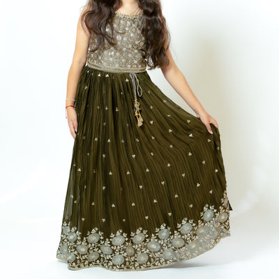 Trisha - Girls Lehenga in Olive Green