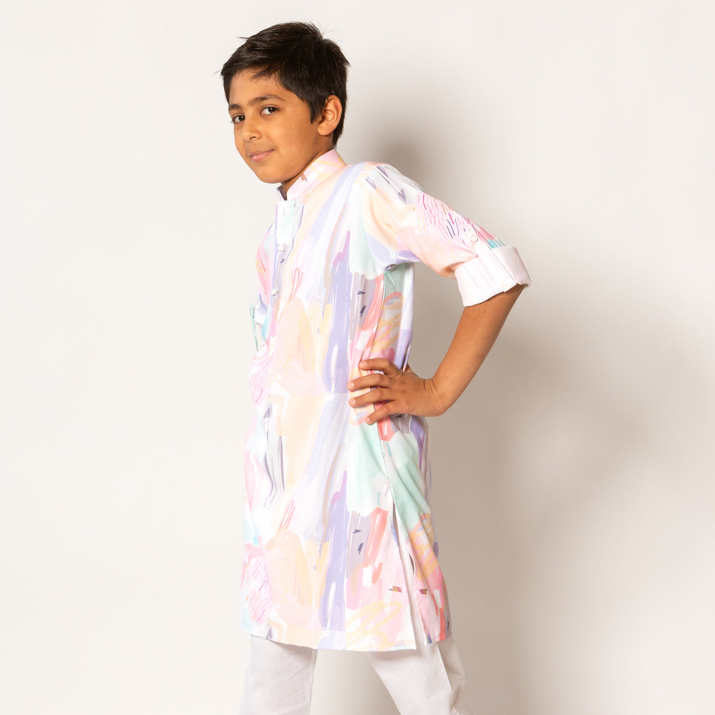 Viraaj - Boys Pastel Pink Multicolor Printed Kurta Pajama