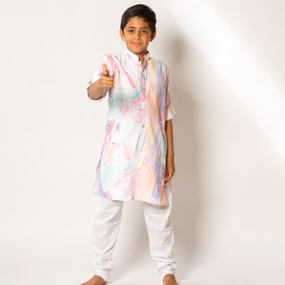 Viraaj - Boys Pastel Pink Multicolor Printed Kurta Pajama