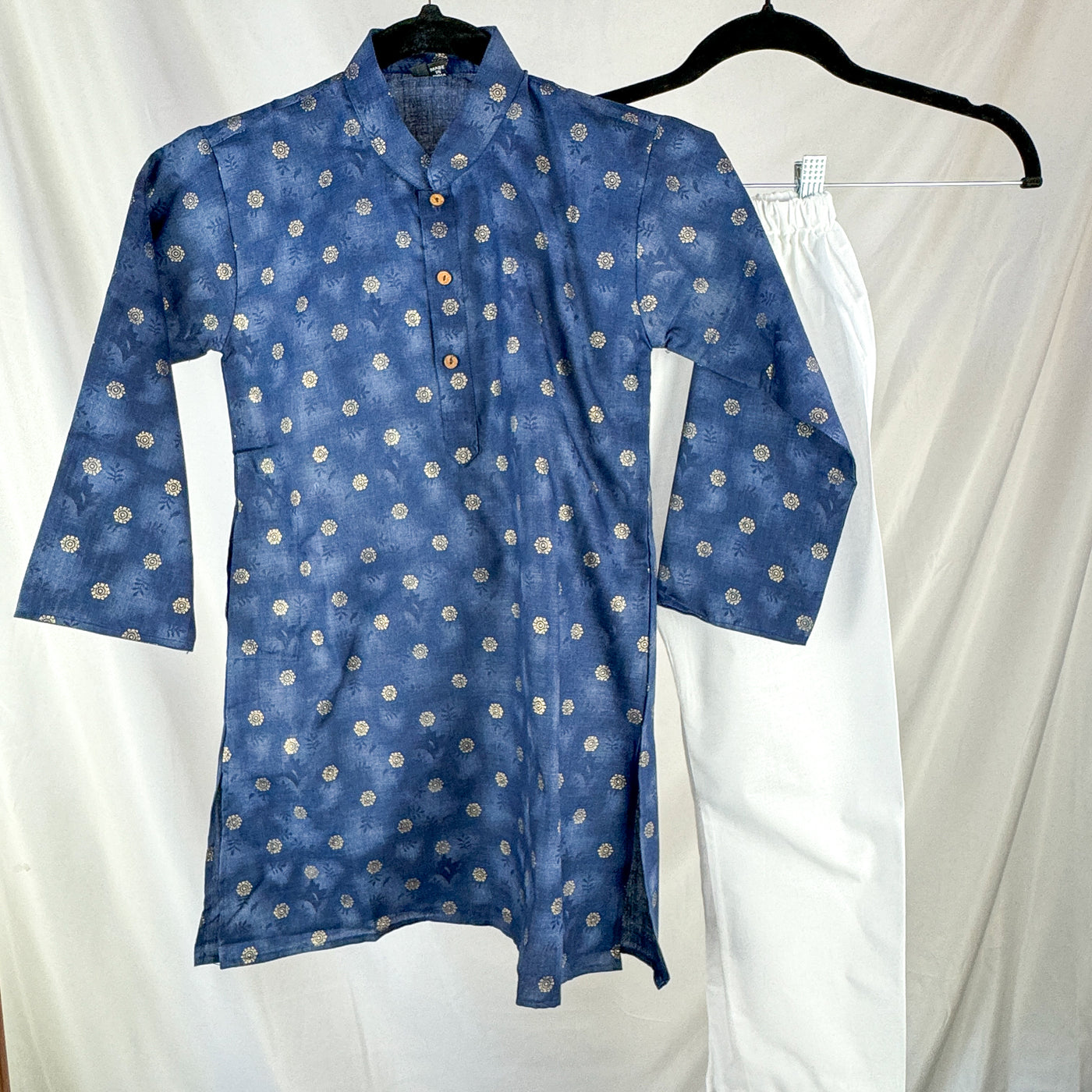 Vivaan - Dark Blue and Gold Foil Print Kurta Pajama Set for Boys