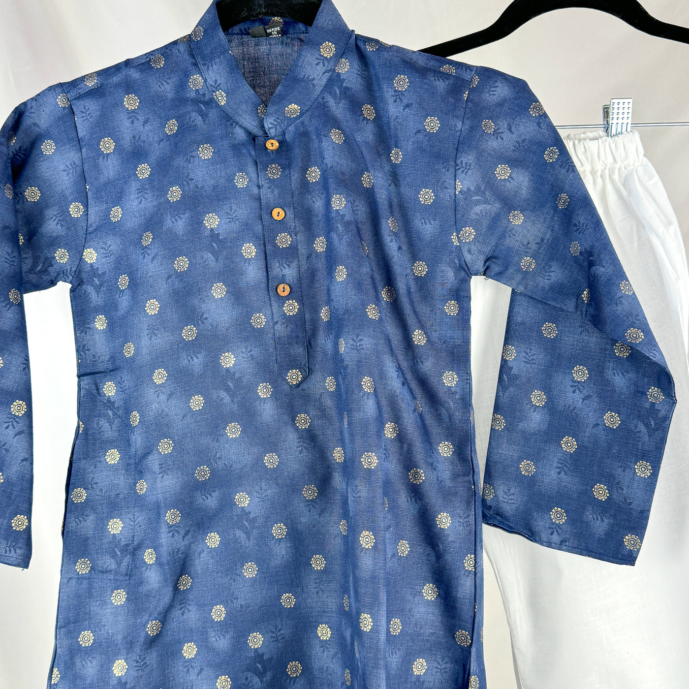 Vivaan - Dark Blue and Gold Foil Print Kurta Pajama Set for Boys