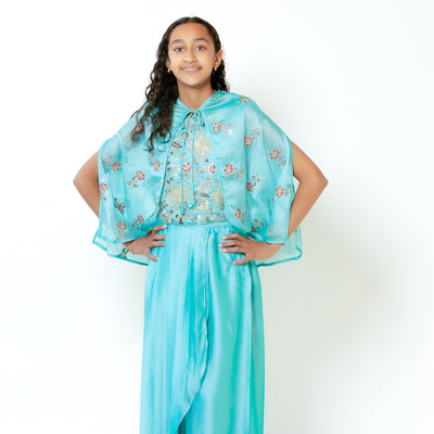 Yashi - Aqua Blue Girls Lehenga with Cape