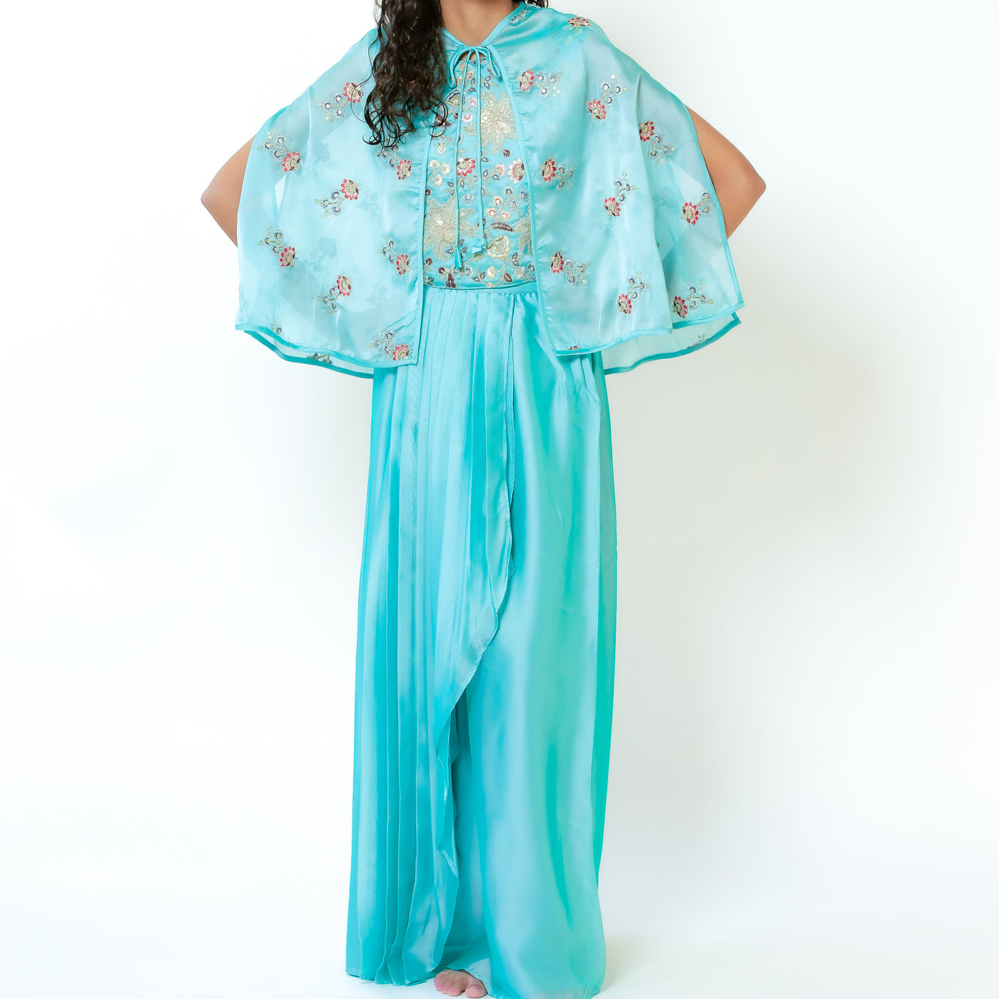 Yashi - Aqua Blue Girls Lehenga with Cape