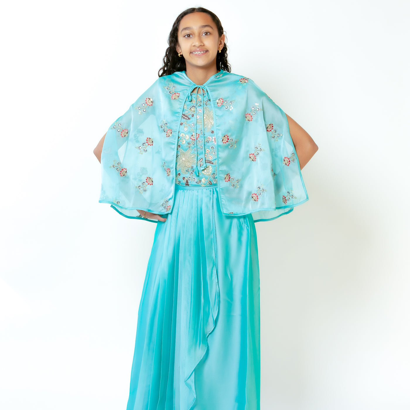 Yashi - Aqua Blue Girls Lehenga with Cape