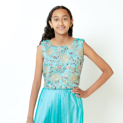 Yashi - Aqua Blue Girls Lehenga with Cape