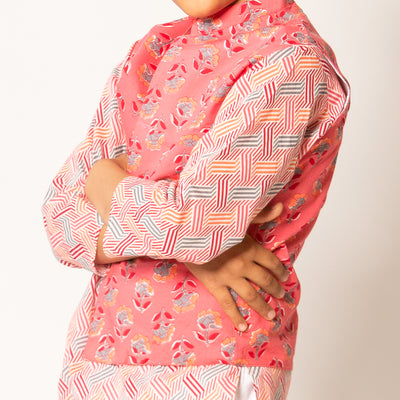 Zayn - Boys Coral Printed Kurta Pajama Set with Vest