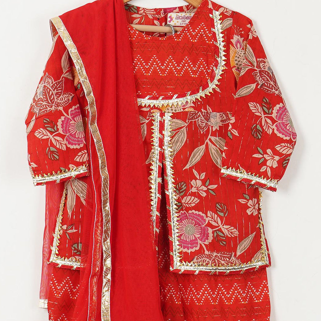 Aarika Set Kurti Sharara Per Bambine In Cotone Arancione, Abito Tradizionale Indiano Con Ricami, Completo Da Festa Per Ragazze