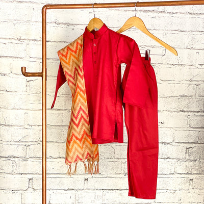 AAYUSH - Red Kurta Pajama with Vest and Dupatta