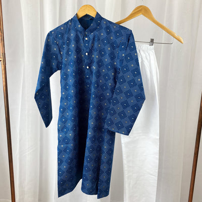 ANSH - Printed Blue Cotton Kurta Pajama