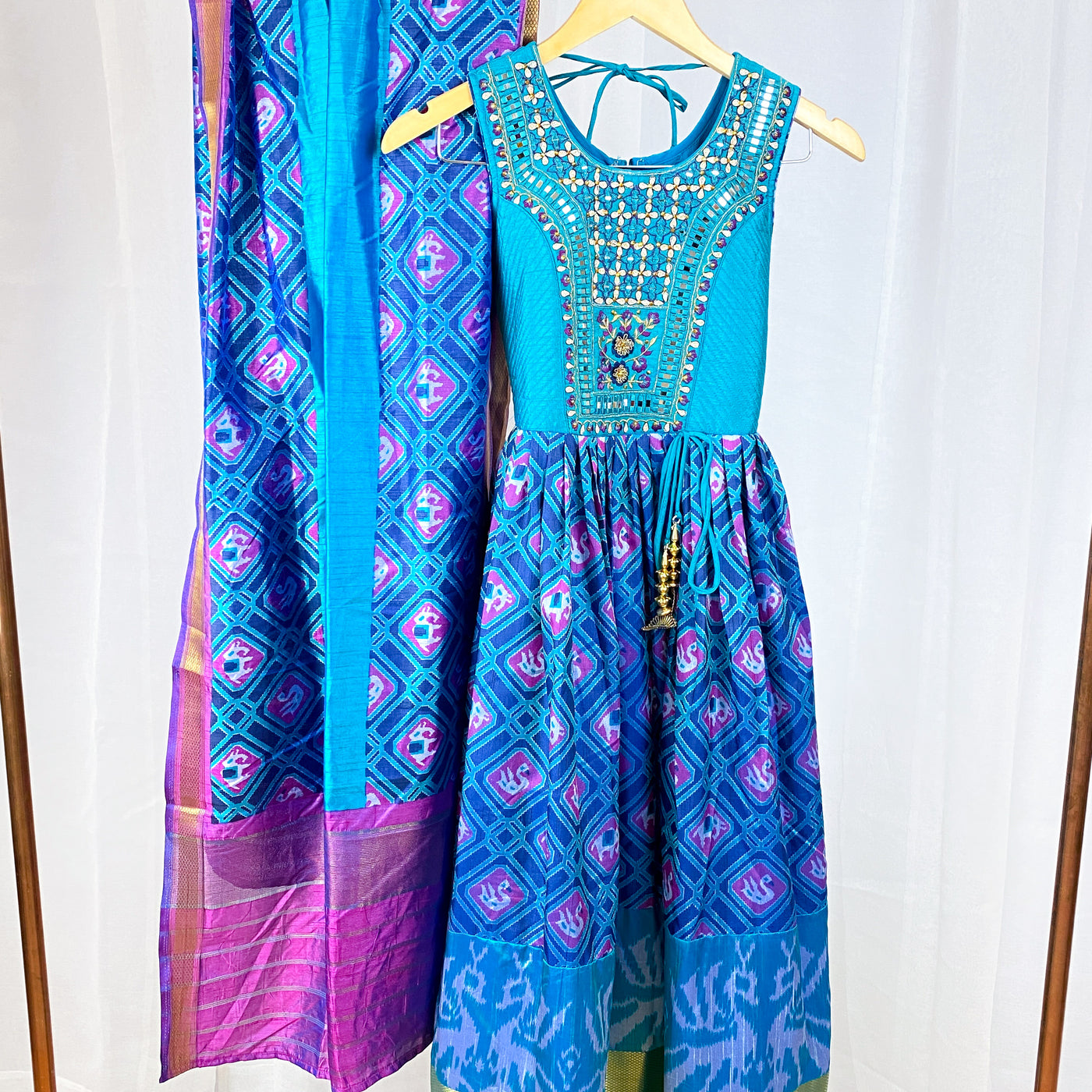 ARIA - Peacock Blue and Purple Patola Print Girls Gown