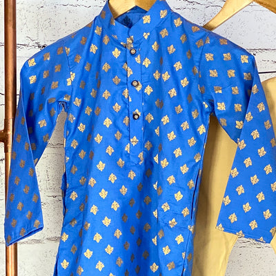 AYAAN - Royal Blue and Gold Print Boys Kurta Pajama
