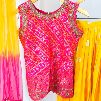 BINITA - Pink and Yellow Bandhani Girls Lehenga Choli