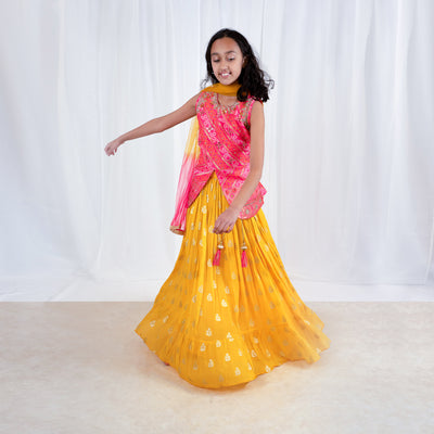 BINITA - Pink and Yellow Bandhani Girls Lehenga Choli