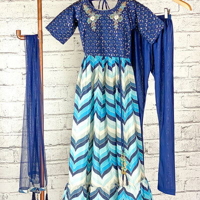 DIYA - Midnight Blue Leheriya Print Girls Gown