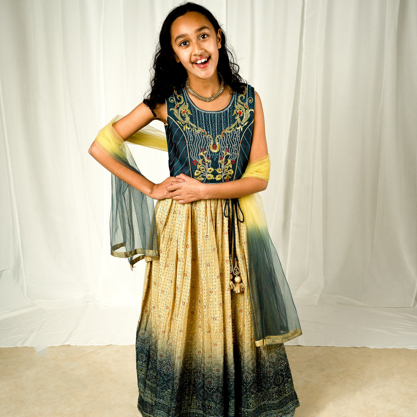 ESHANA - Blue and Yellow Green Ombré Girls Gown