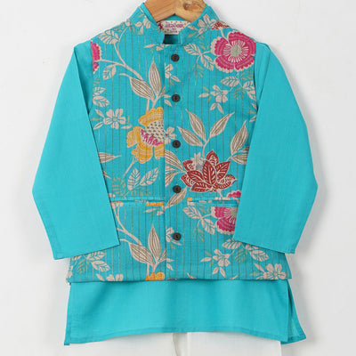 IVAAN - Boys Blue Kurta Pajama with Floral Vest
