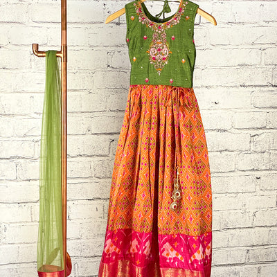 JIYA - Girls Patola Print Gown in Olive Green and Rust Orange