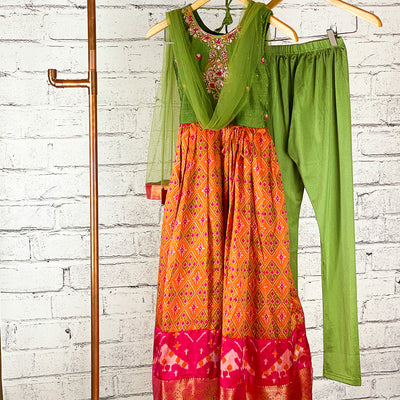 JIYA - Girls Patola Print Gown in Olive Green and Rust Orange