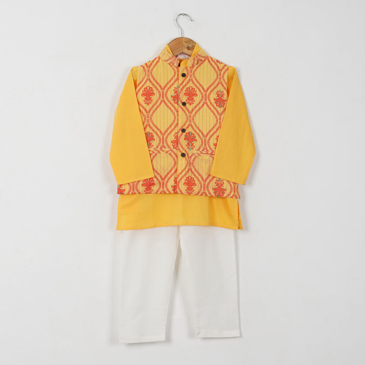 KIAANSH - Boys Yellow Kurta Pajama with Floral Vest