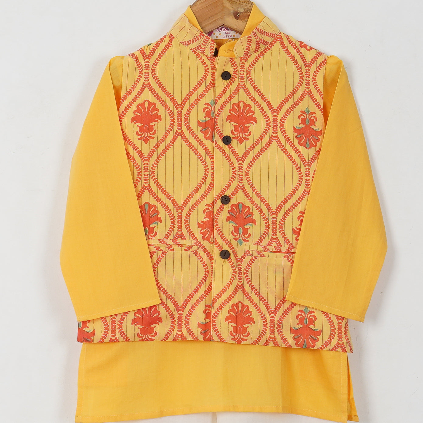 KIAANSH - Boys Yellow Kurta Pajama with Floral Vest