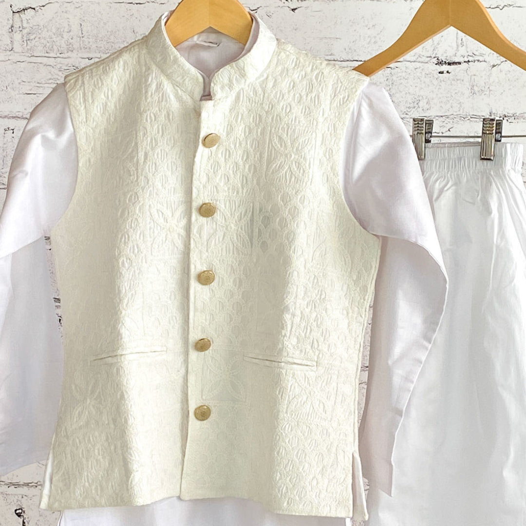 LAKSH - White  Kurta Pajama for Boys with Embroidered Vest