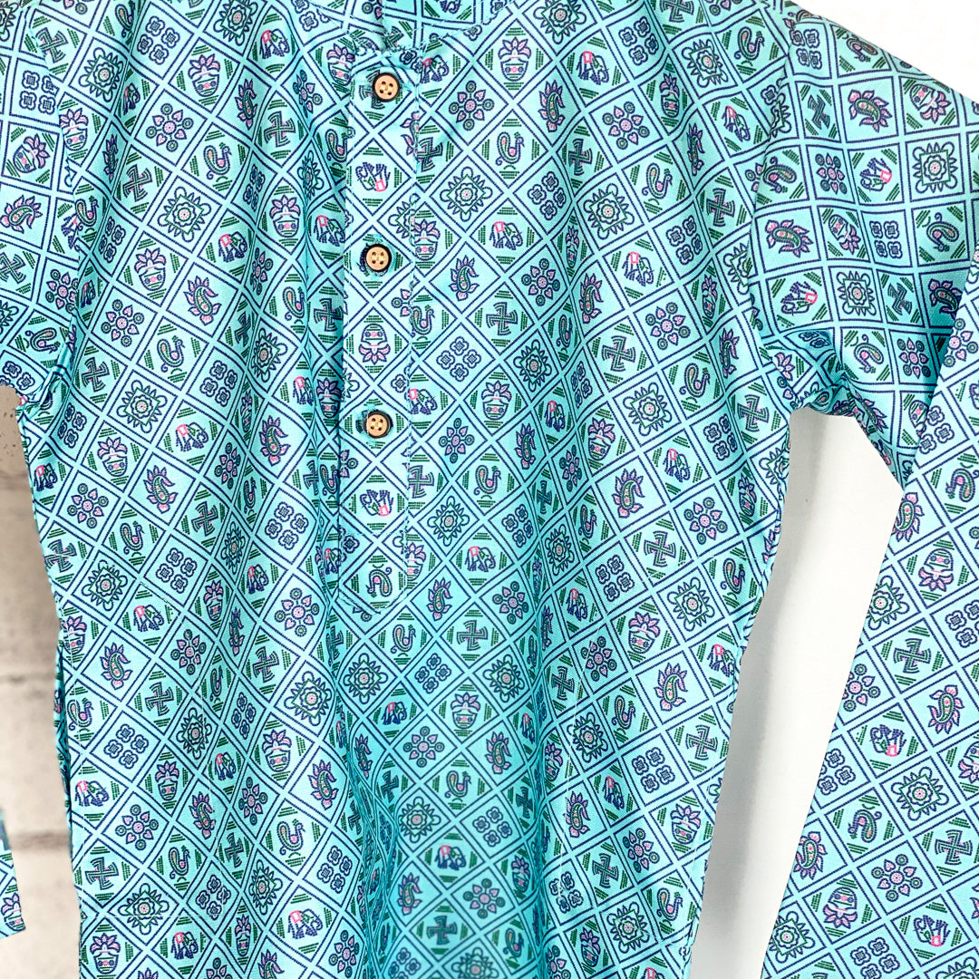 LIAM - Aqua Blue Printed Kurta Pajama