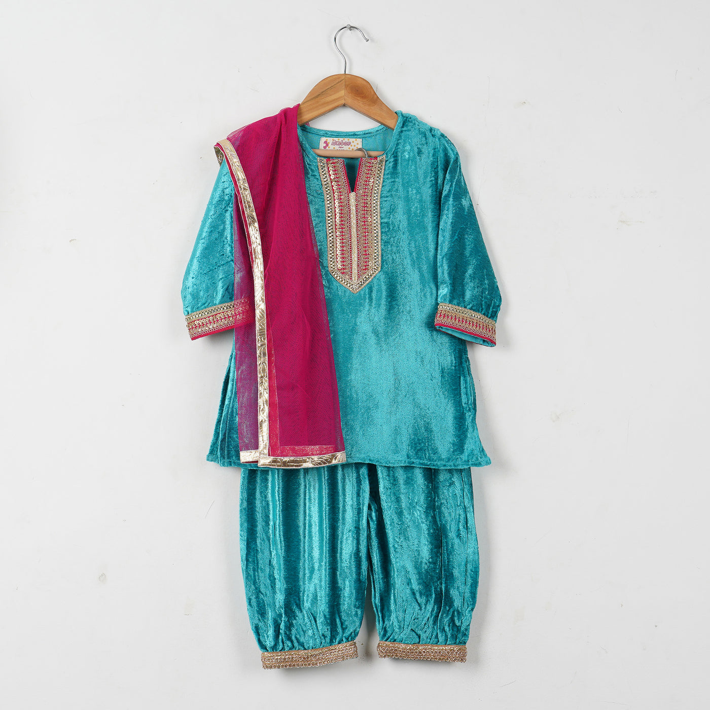 MEHER - Girls Turquoise Velvet Kurti Salwar Suit