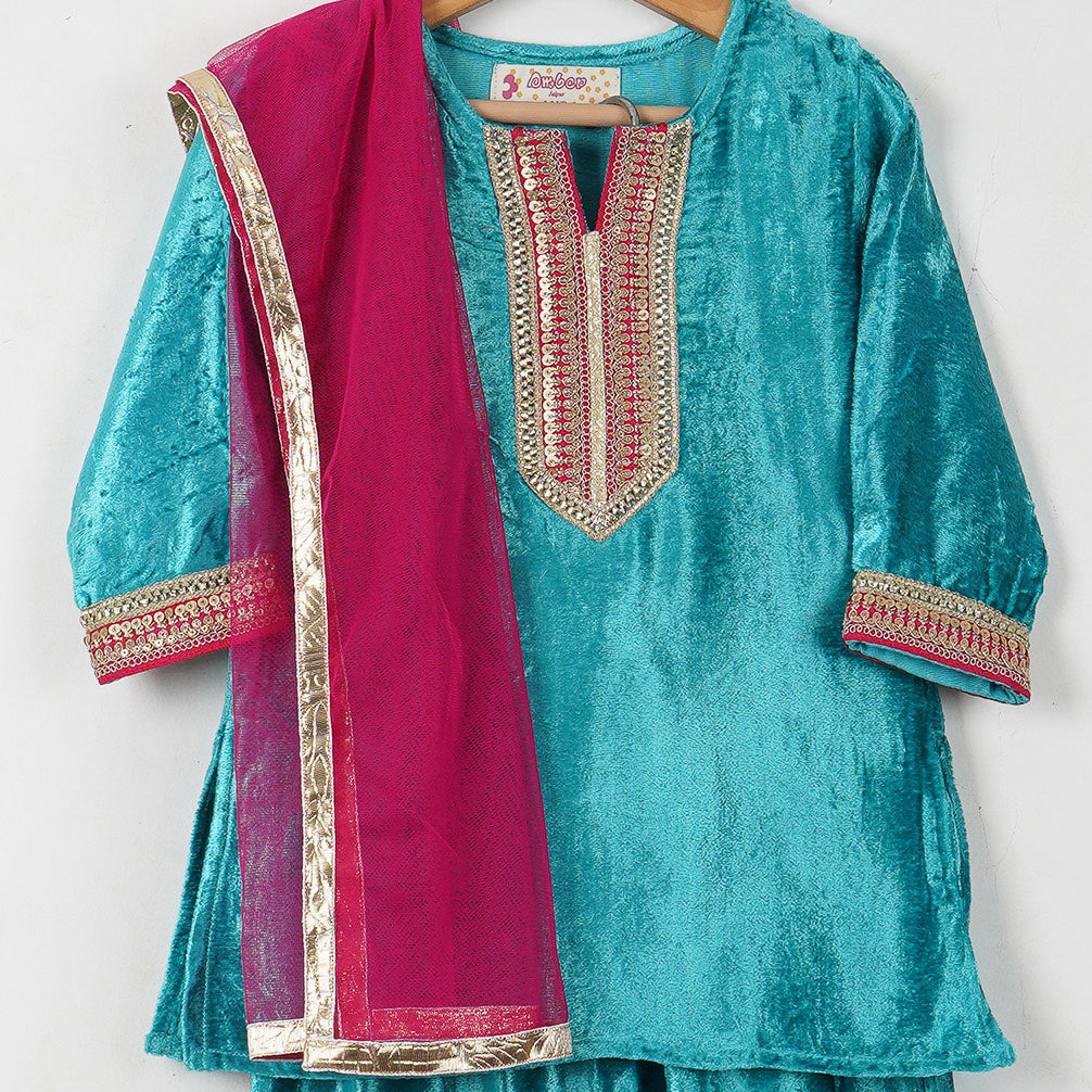MEHER - Girls Turquoise Velvet Kurti Salwar Suit