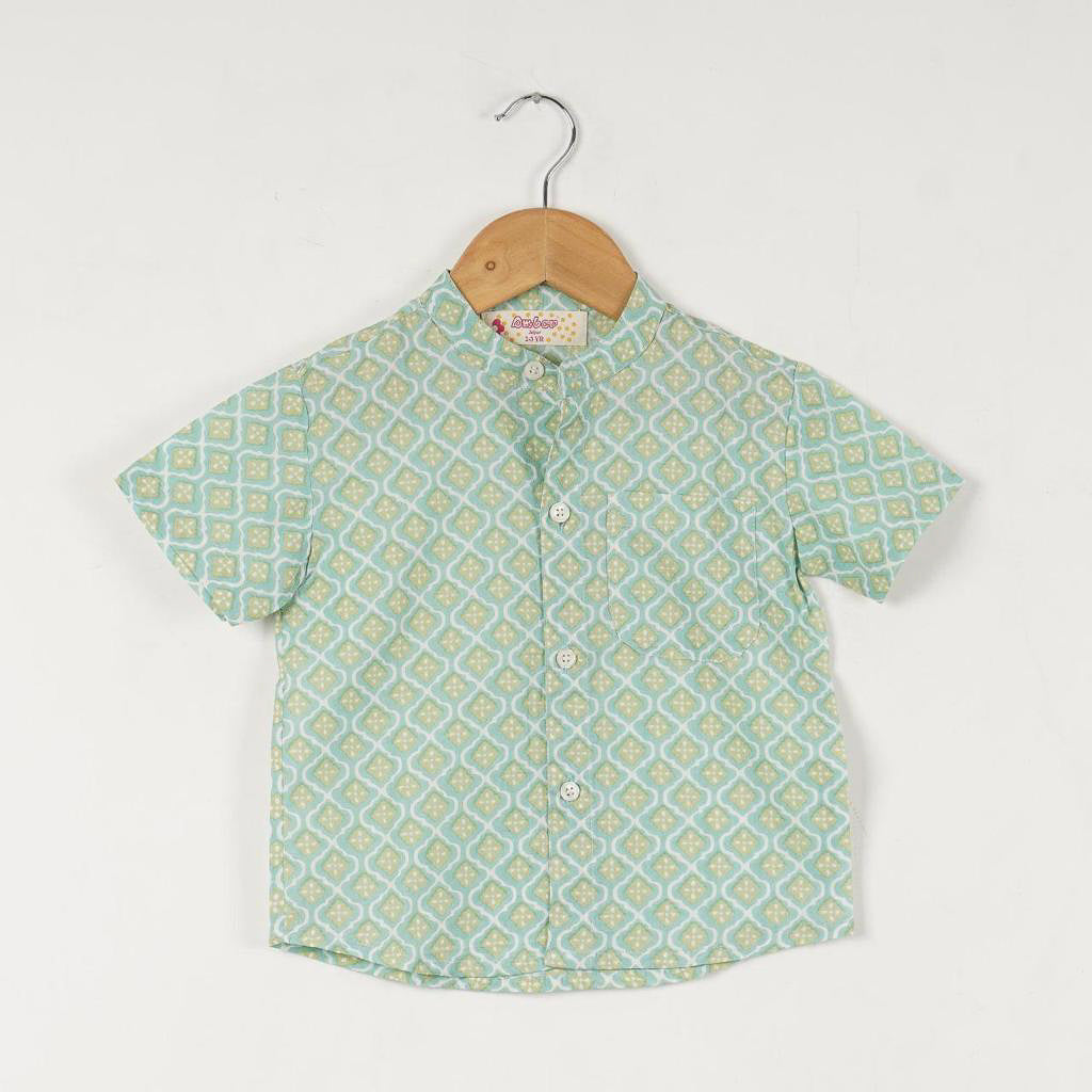 NAKUL - Boys Sea Green Printed Band Collar Shirt