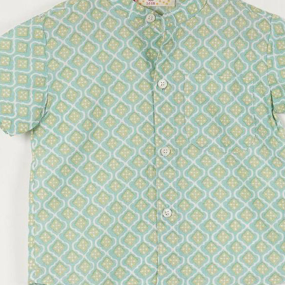 NAKUL - Boys Sea Green Printed Band Collar Shirt