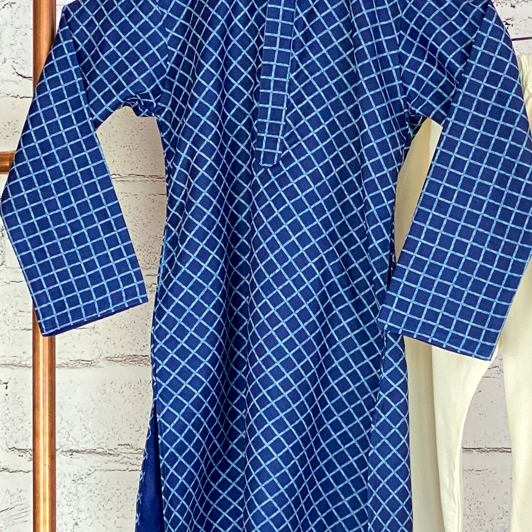 RANBIR - Digital Checkered Print Muslin Cotton Kurta Set in Blue