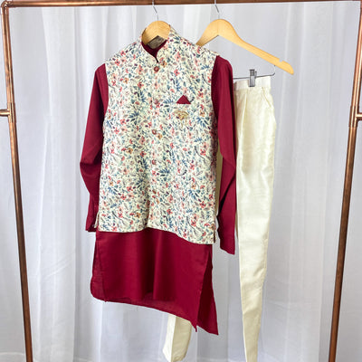 REYANSH - Maroon Cotton Kurta Pajama Set with Vest