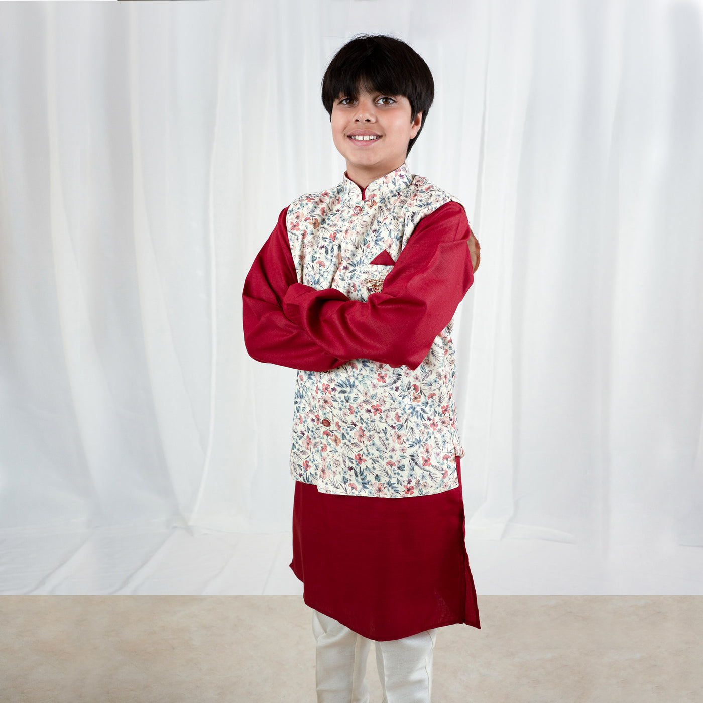 REYANSH - Maroon Cotton Kurta Pajama Set with Vest