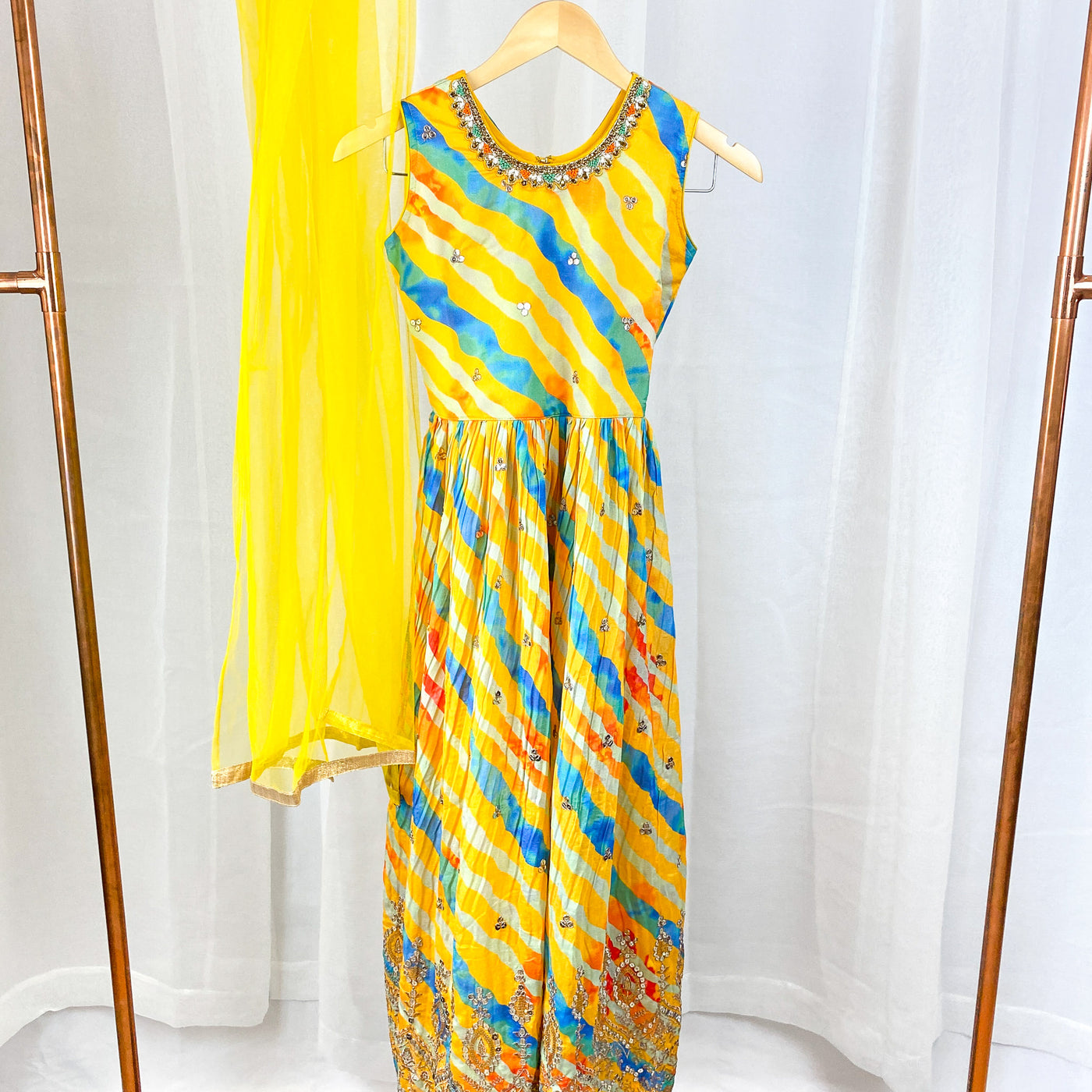 RIDHI - Yellow Leheriya Print Girls Gown