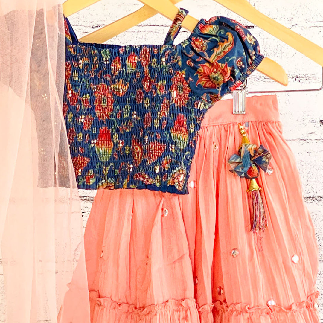 ROSHNI - Girls Mirror Lehenga with Shirred Choli Crop Top in Light Pink