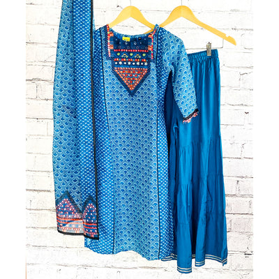 SAIYA - Digitally Printed Blue Girls Kurti Set with Hand Embellishment