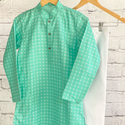 SHREY - Summer Green Boys Kurta Pajama with White Print