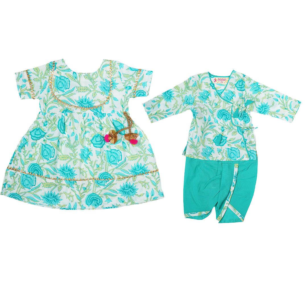 Sibling Set - Aqua Blue Floral Print Dhoti Kurta and Dress Set