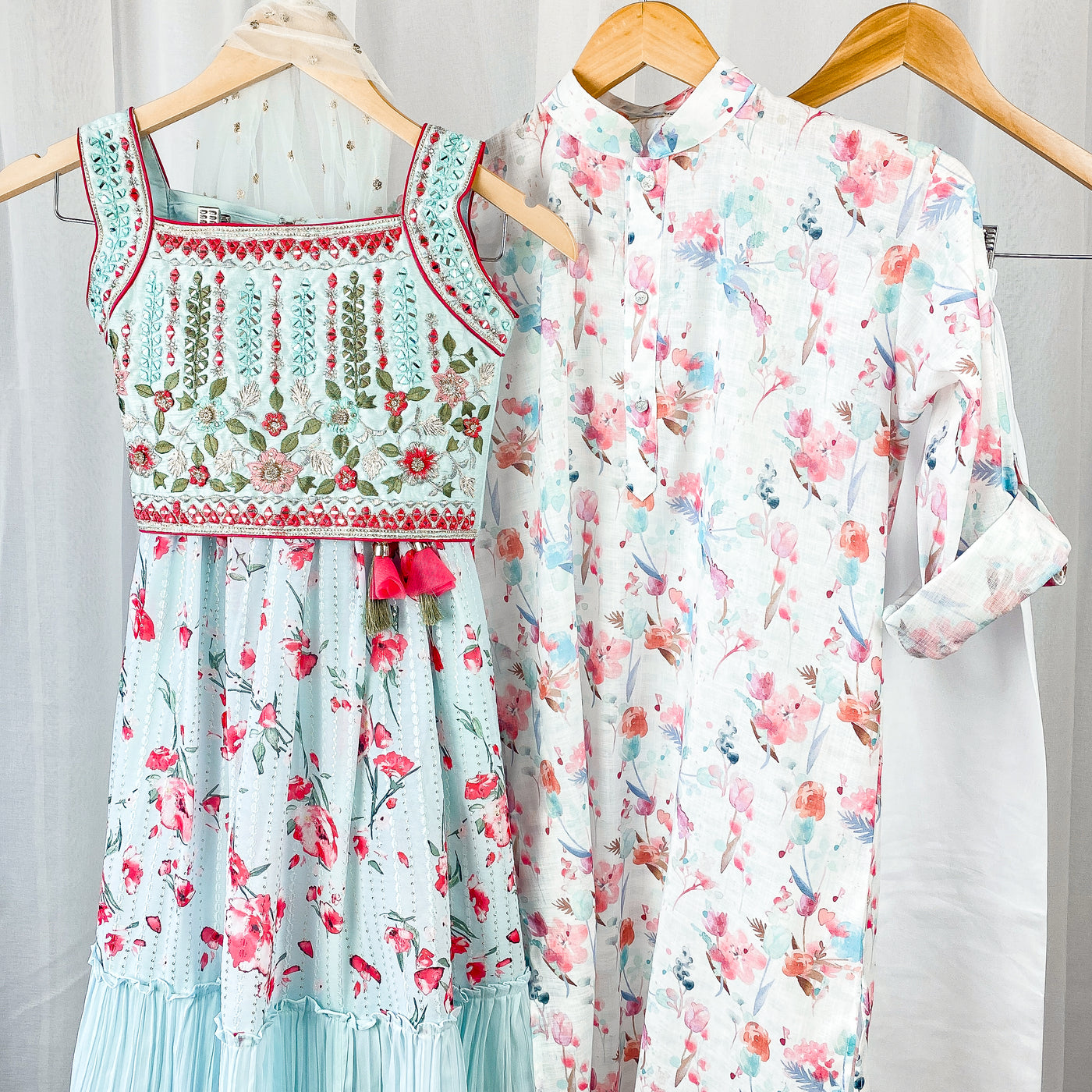 Sibling Set - Floral Printed Coordinated Kurta Pajama and Lehenga