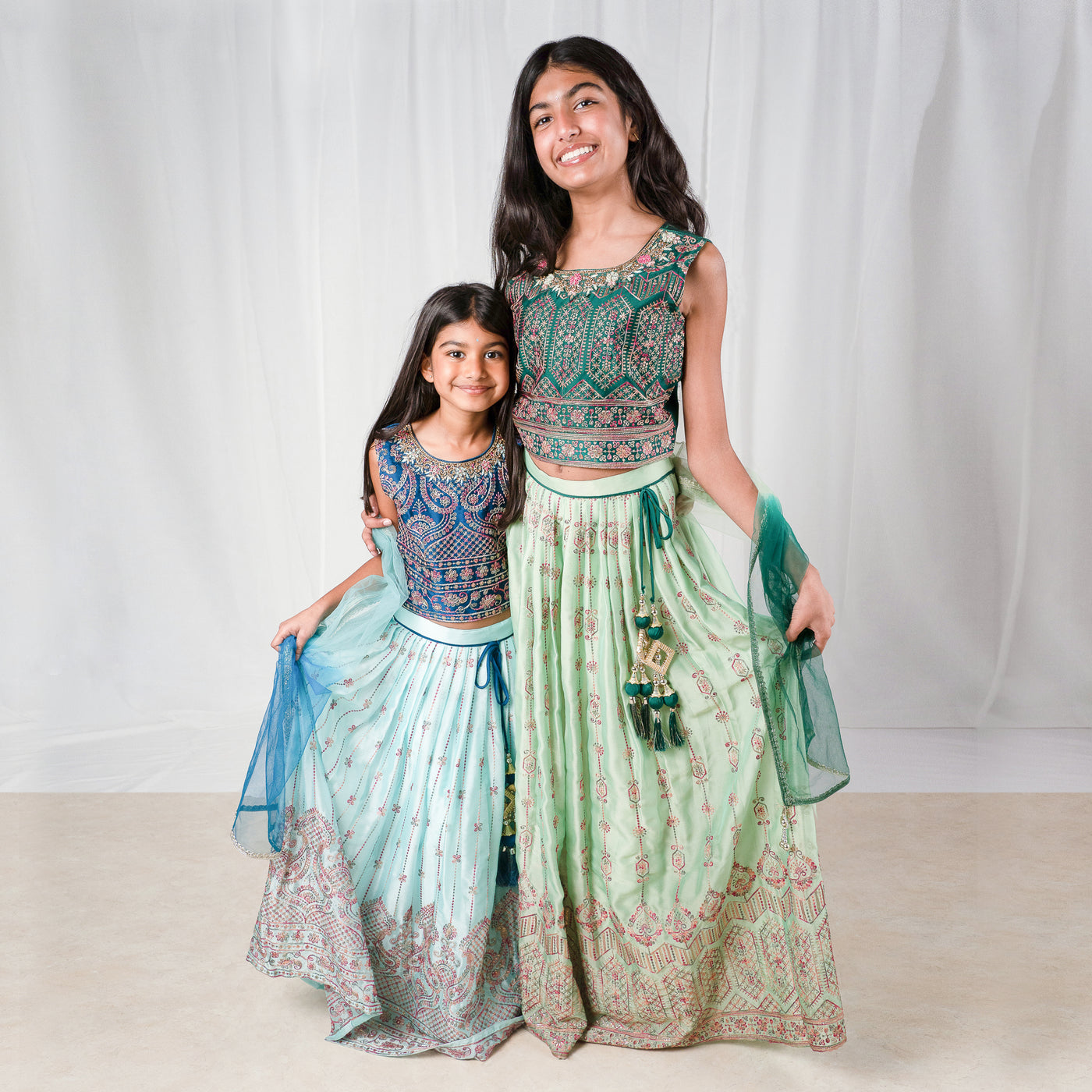 Sibling Set - Green and Blue Coordinated Lehengas