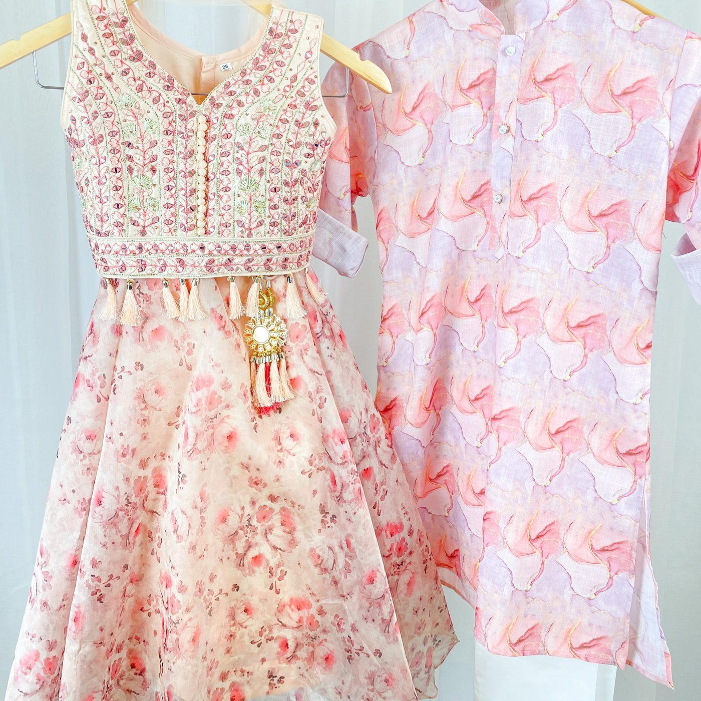 Sibling Set - Light Pink Coordinated Kurta Pajama and Lehenga Set
