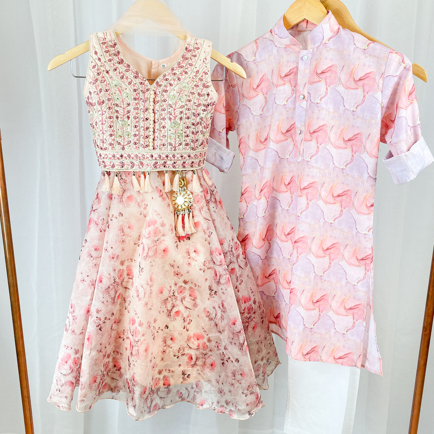Sibling Set - Light Pink Coordinated Kurta Pajama and Lehenga Set