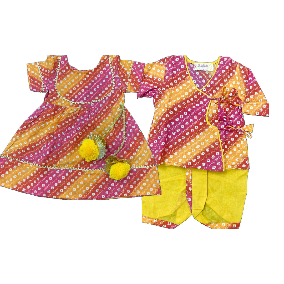Sibling Set - Multicolor Bandhani Dhoti Kurta and Dress Set