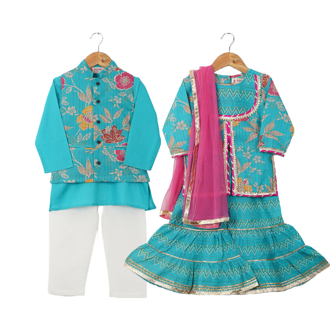 Sibling Set - Turquoise Blue Floral Kurta Pajama and Sharara Set