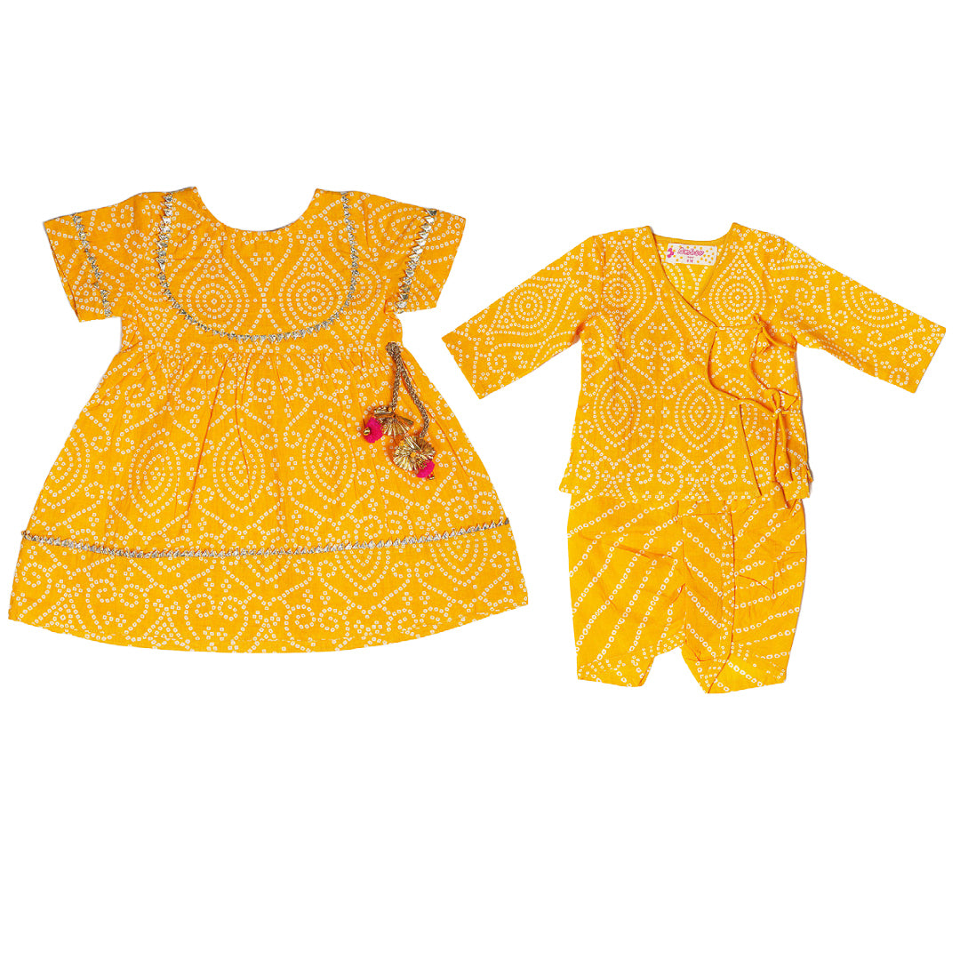 Sibling Set - Yellow Bandhani Dhoti Kurta and Dress Set
