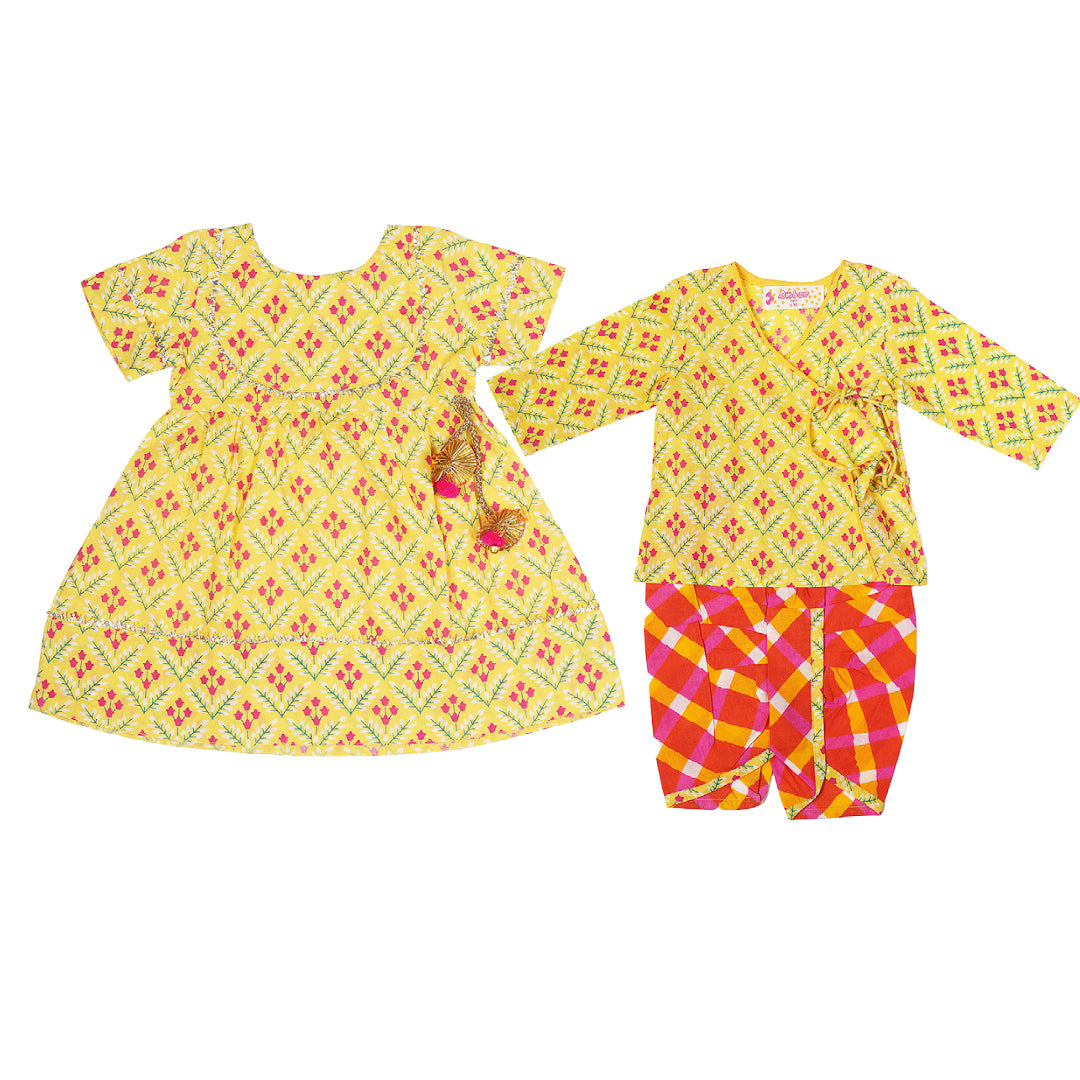 Sibling Set - Yellow Floral Block Print and Red Dhoti Kurta and Dress Set