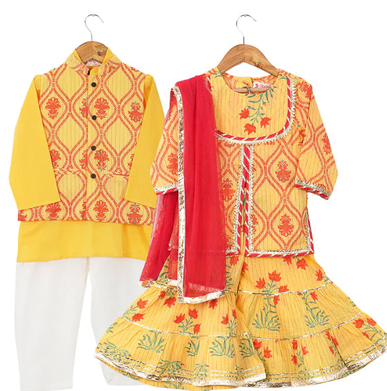 Sibling Set - Yellow Floral Kurta Pajama and Sharara Set