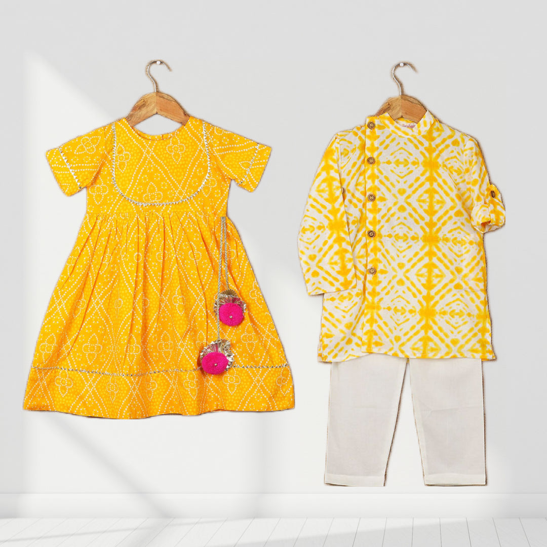 Sibling Set - Yellow Bandhej and Tie Dye Cotton Matching Set