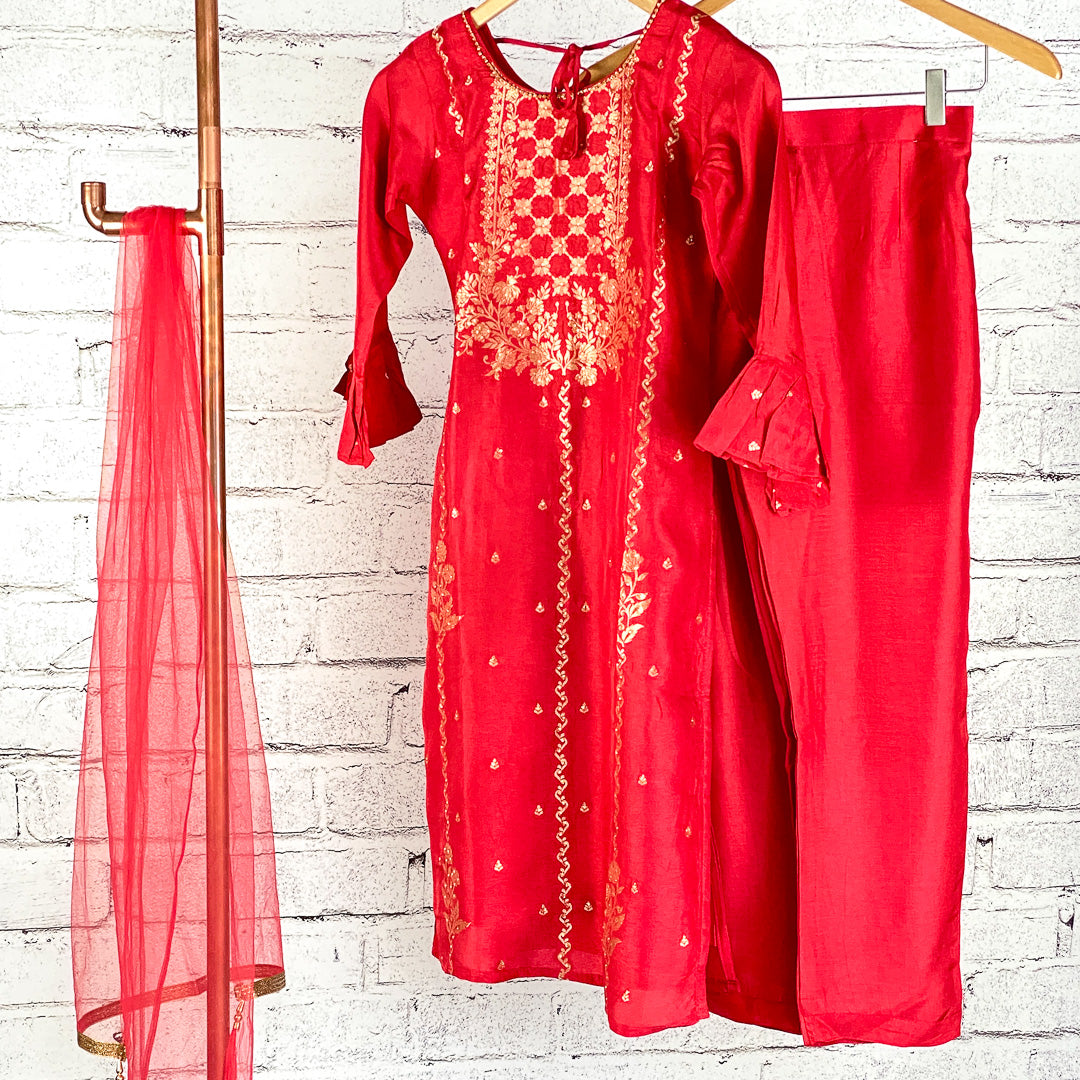 ZAINA - Girls Jacquard Woven Pant Salwar Suit With Dupatta in Crimson Red