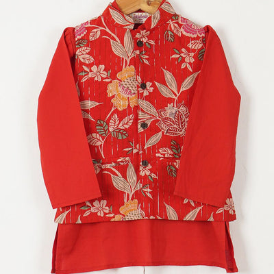 ZIAAN - Boys Red Kurta Pajama with Floral Vest